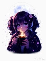 Cozy Night Anime Girl Coffee Moon Glow Aesthetic Design Unisex T-Shirt