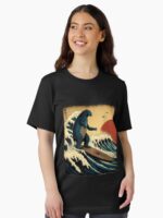 Godzilla Surfing The Great Wave by Hokusai Funny Parody Unisex T-Shirt - Image 2