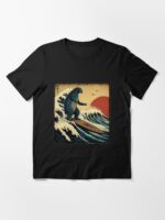 Godzilla Surfing The Great Wave by Hokusai Funny Parody Unisex T-Shirt - Image 3