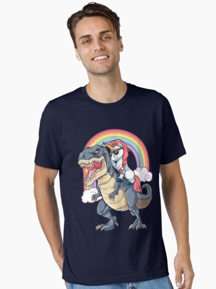Unicorn Riding Dinosaur T Shirt T-Rex Funny Unicorns Party Rainbow Squad Gifts for Kids Boys Girls Essential T-Shirt